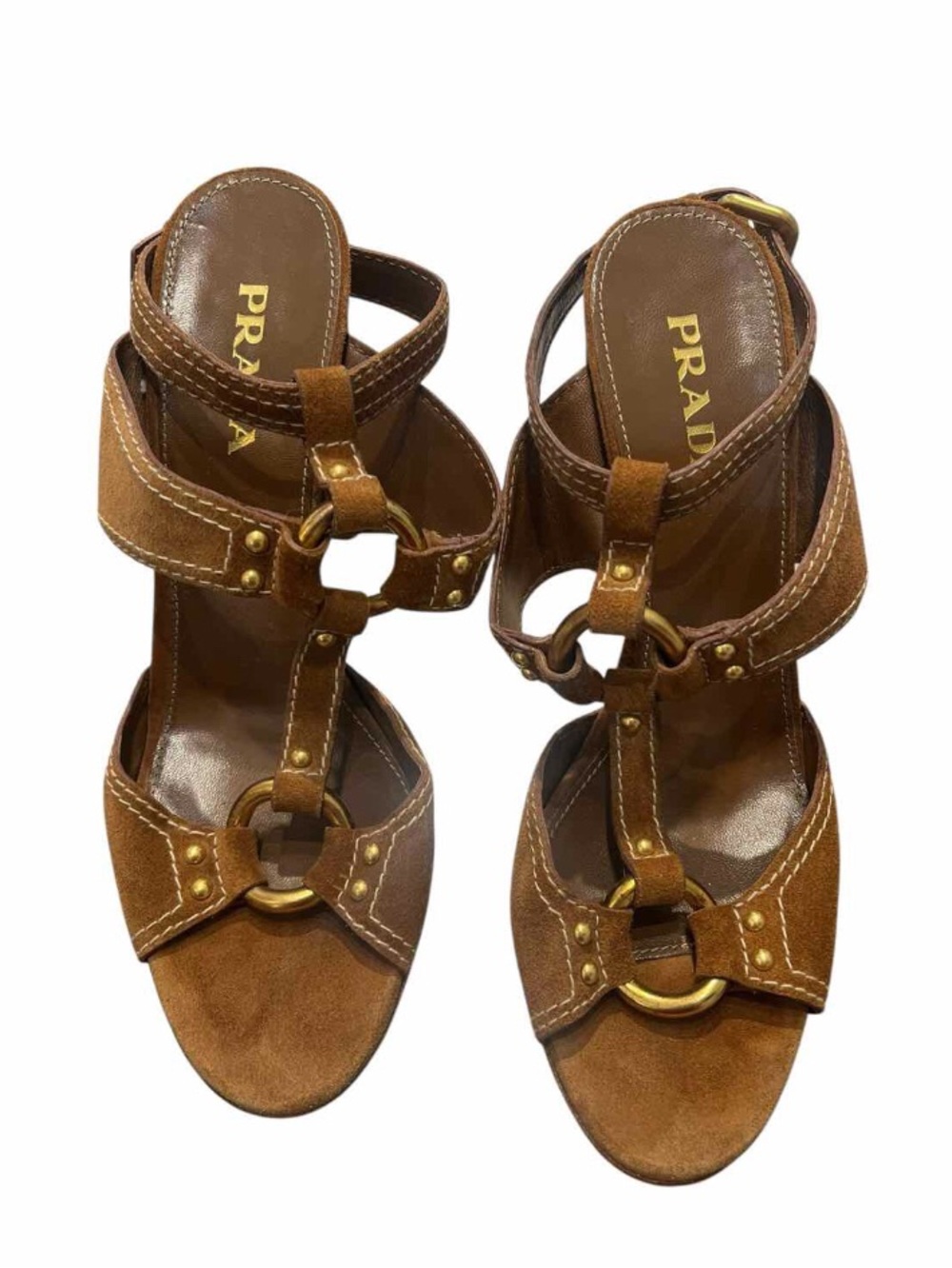 Prada Brown Suede T-Strap Block Heel Sandals with Gold Rings - Picture 4 of 7